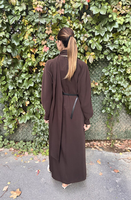 Vuu Önü Nervürlü Yarasa Kol Elbise Acı Kahve - 3