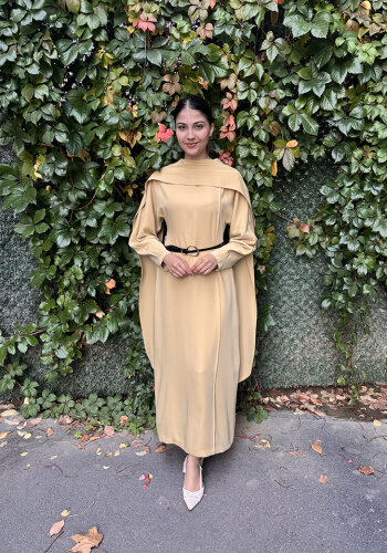 Vuu Önü Nervürlü Yarasa Kol Elbise SARI