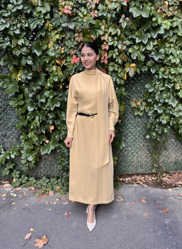 Vuu Önü Nervürlü Yarasa Kol Elbise SARI - 2