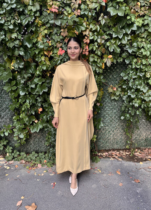 Vuu Önü Nervürlü Yarasa Kol Elbise SARI - 3