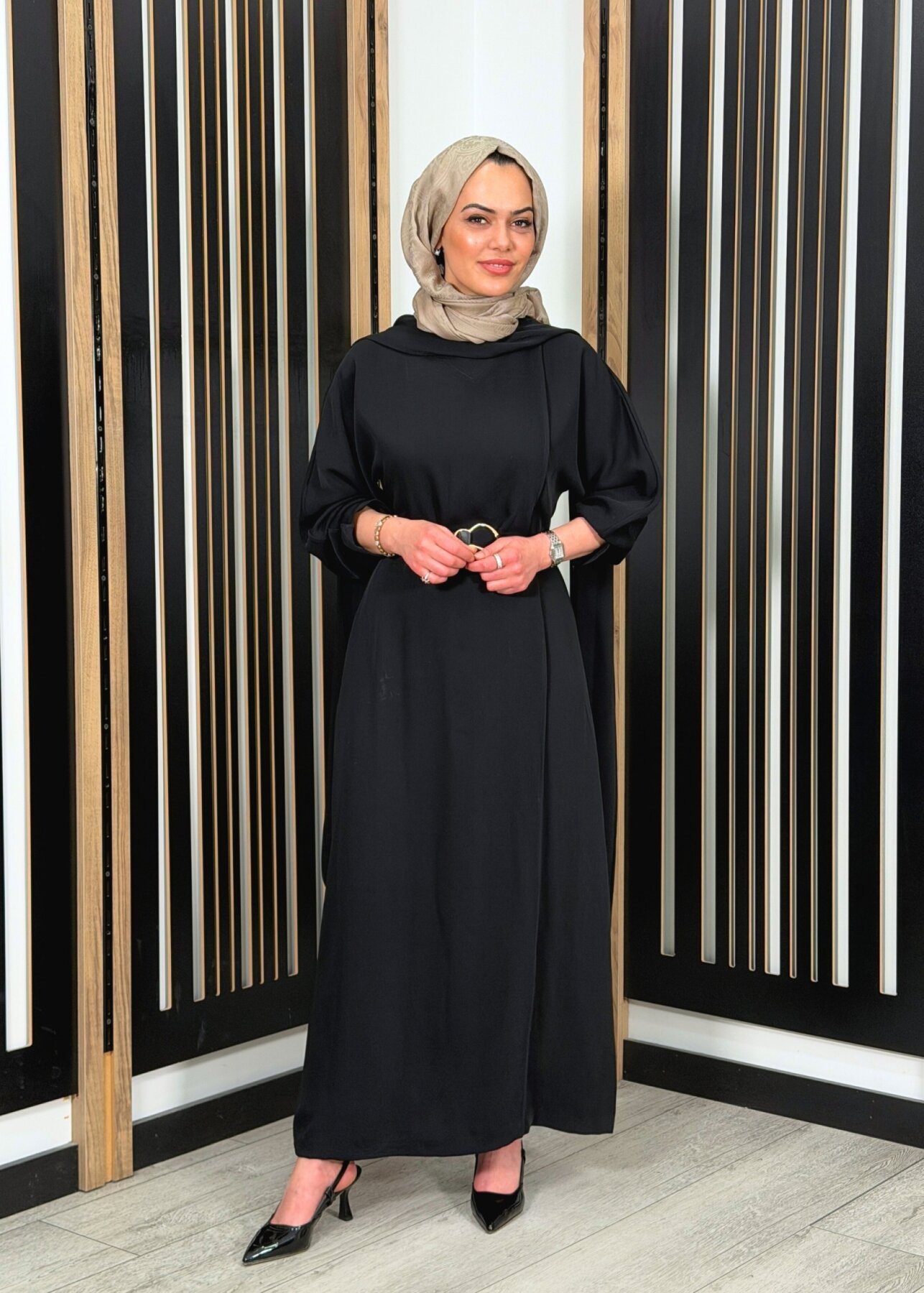 Vuu Önü Nervürlü Yarasa Kol Elbise SİYAH - 2