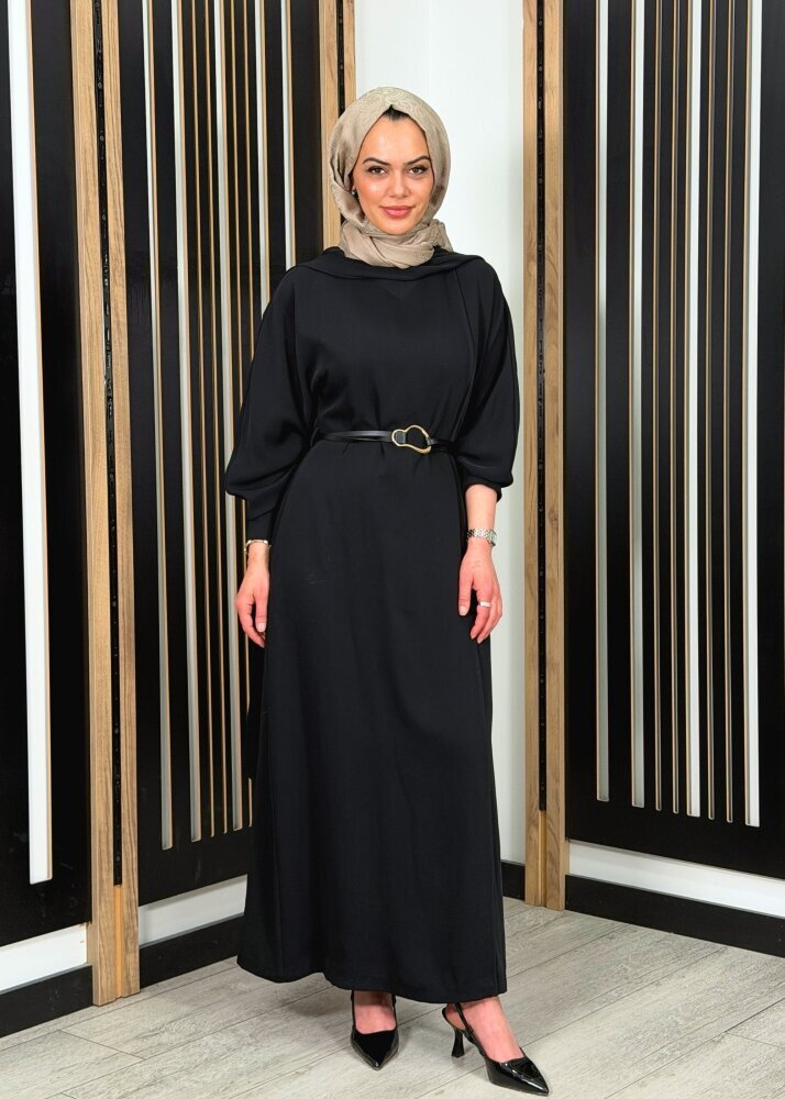 Vuu Önü Nervürlü Yarasa Kol Elbise SİYAH