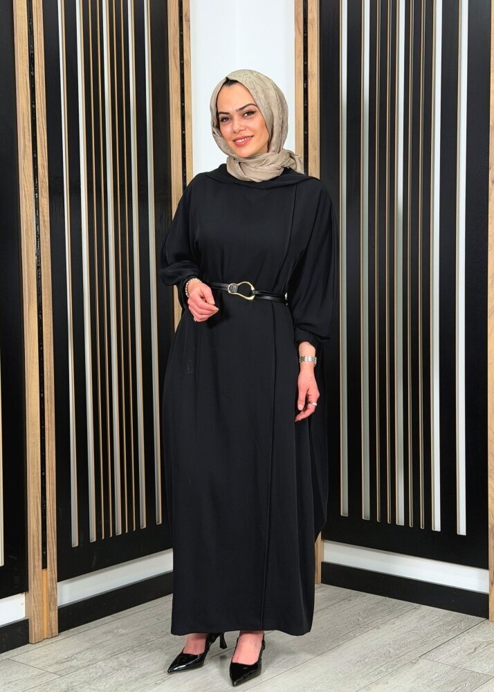 Vuu Önü Nervürlü Yarasa Kol Elbise SİYAH - 3