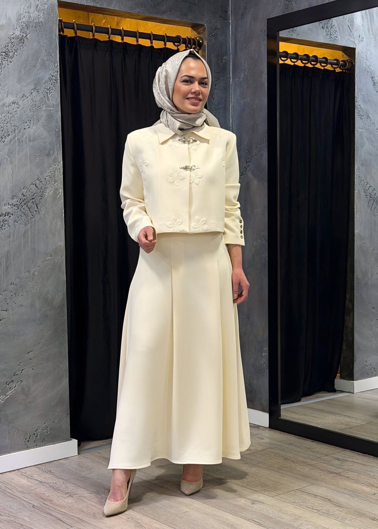 Vuu Önü Pileli Etek EKRU - 3