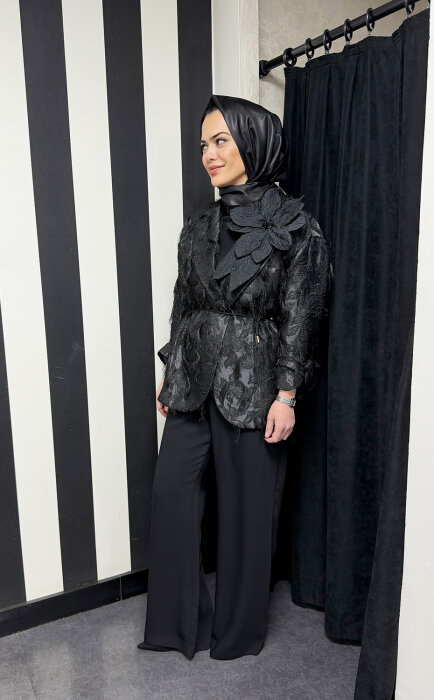 Vuu Püsküllü Jakarlı Ceket SİYAH - 2