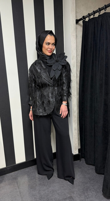 Vuu Püsküllü Jakarlı Ceket SİYAH - 1