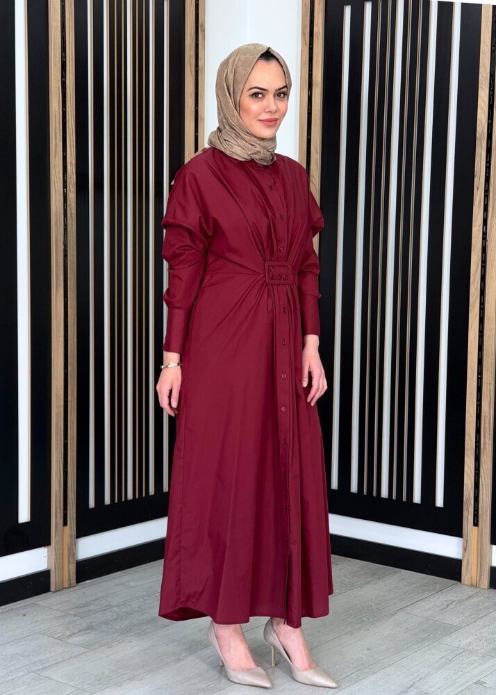 Vuu Tokalı Gömlek Elbise BORDO - 3