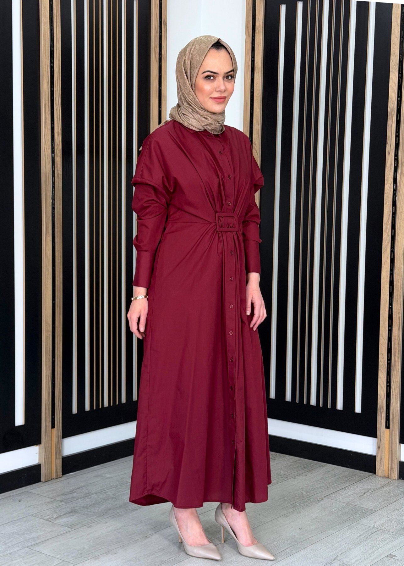 Vuu Tokalı Gömlek Elbise BORDO - 3