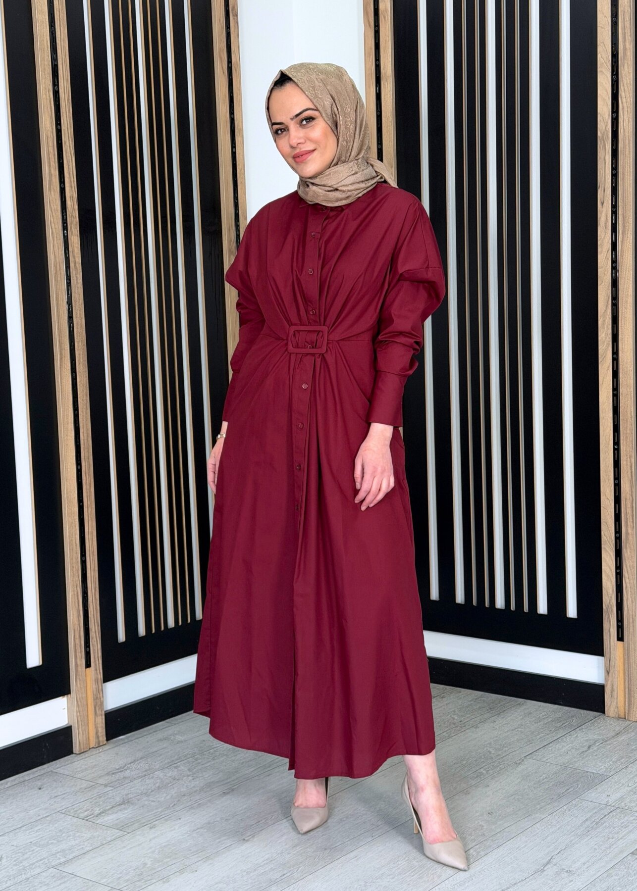 Vuu Tokalı Gömlek Elbise BORDO - 1