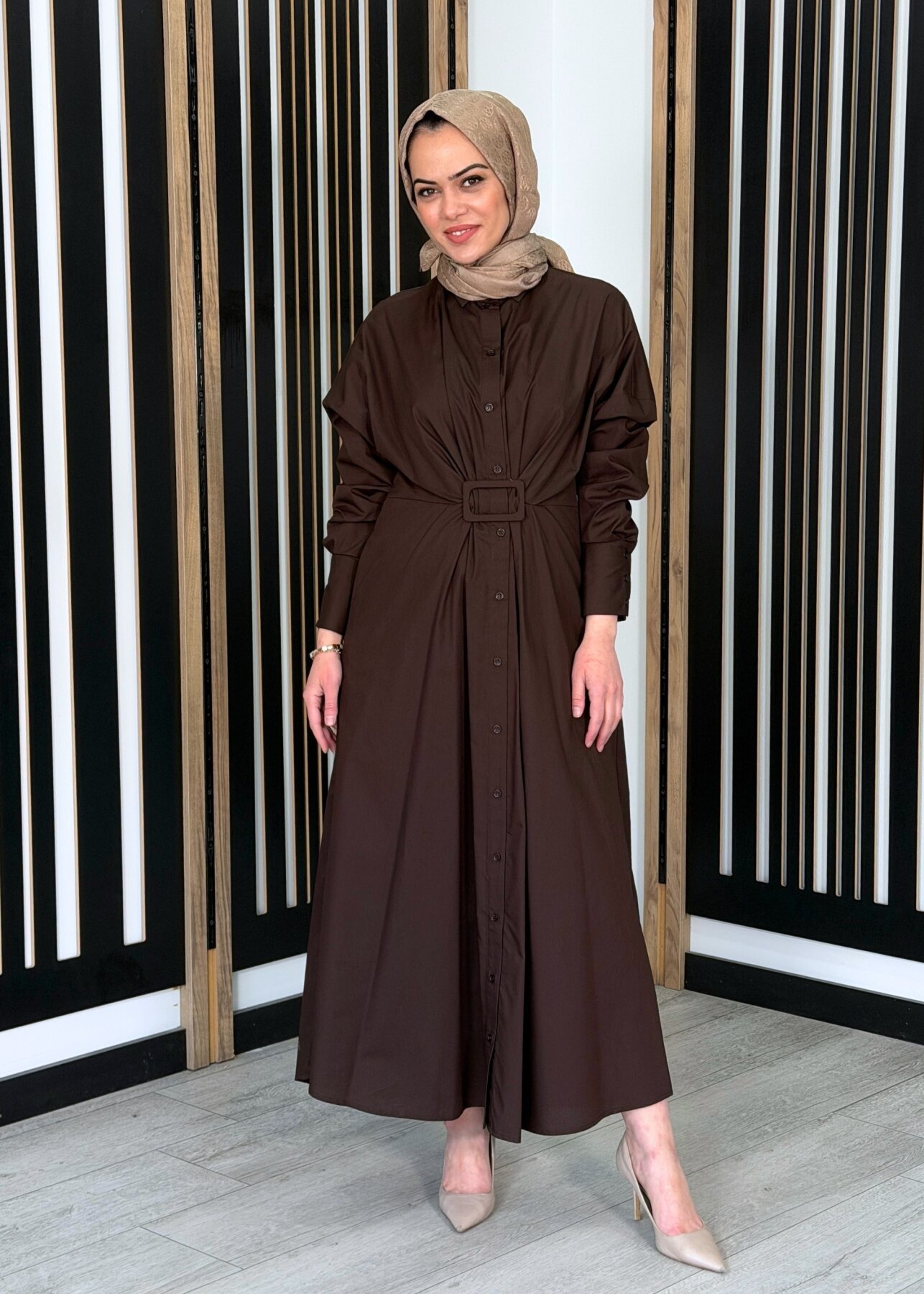 Vuu Tokalı Gömlek Elbise KAHVE - 1