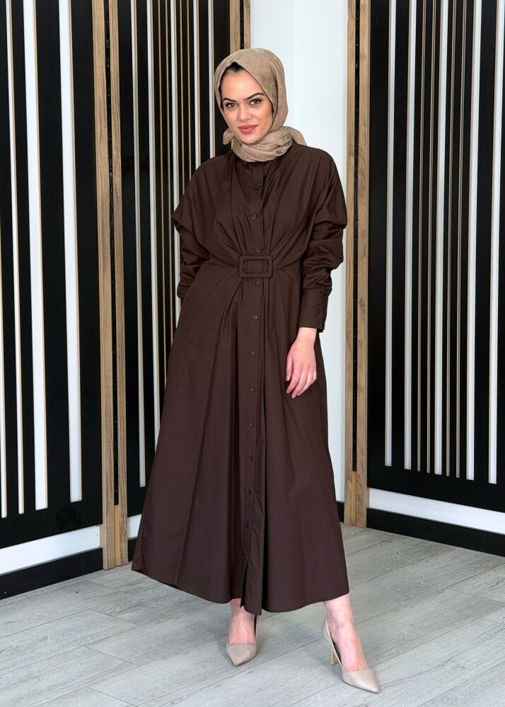 Vuu Tokalı Gömlek Elbise KAHVE - 3