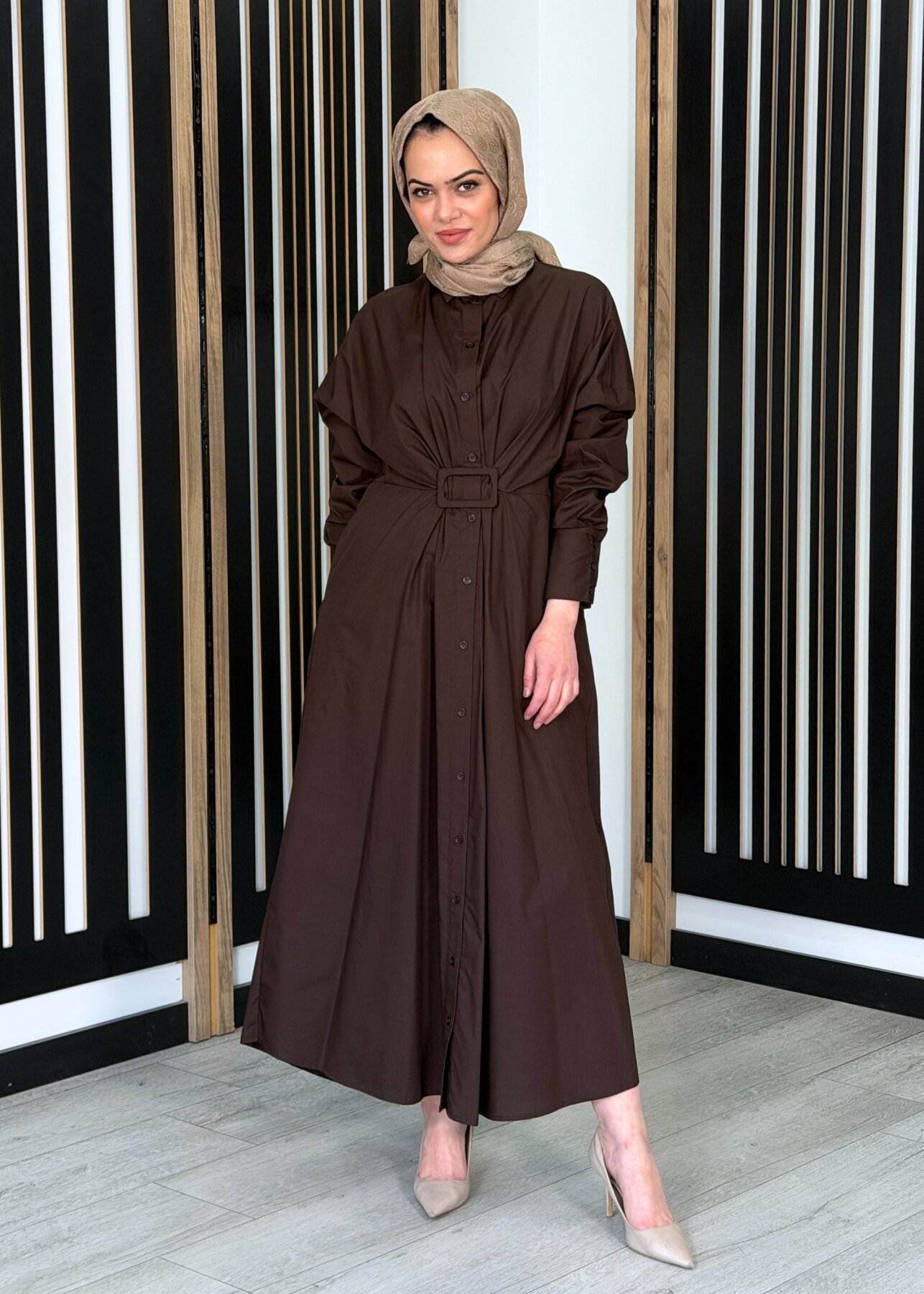 Vuu Tokalı Gömlek Elbise KAHVE - 3