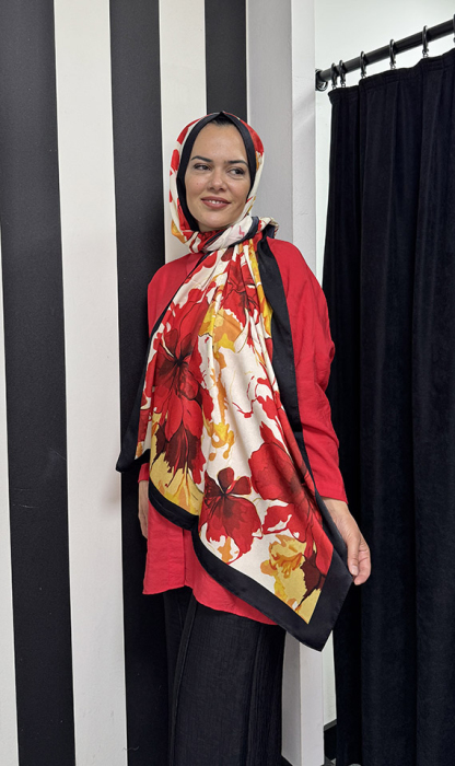 YaQa Flower Premium Şal SİYAH KIRMIZI - 2