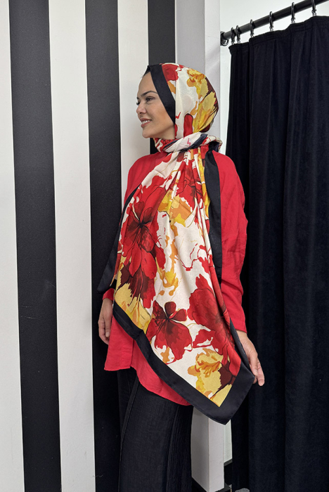 YaQa Flower Premium Şal SİYAH KIRMIZI - 1