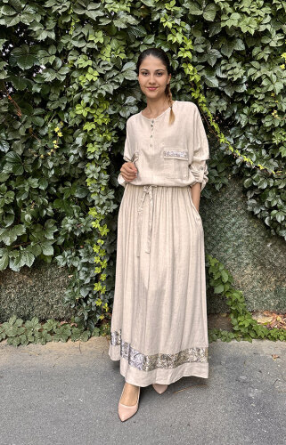 Yeşim Özcan Beli Lastikli Sim Detaylı Etek Naturel