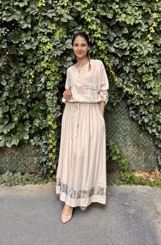 Yeşim Özcan Beli Lastikli Sim Detaylı Etek Naturel - 2