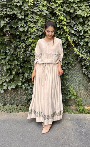 Yeşim Özcan Beli Lastikli Sim Detaylı Etek Naturel - 3