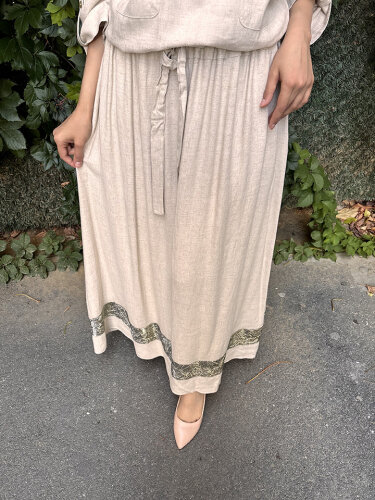 Yeşim Özcan Beli Lastikli Sim Detaylı Etek Naturel - 4