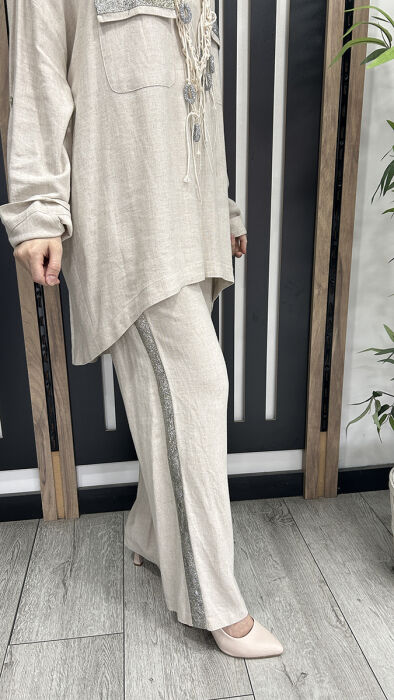 Yeşim Özcan Yanı Sim Detaylı Pantolon Naturel - 2